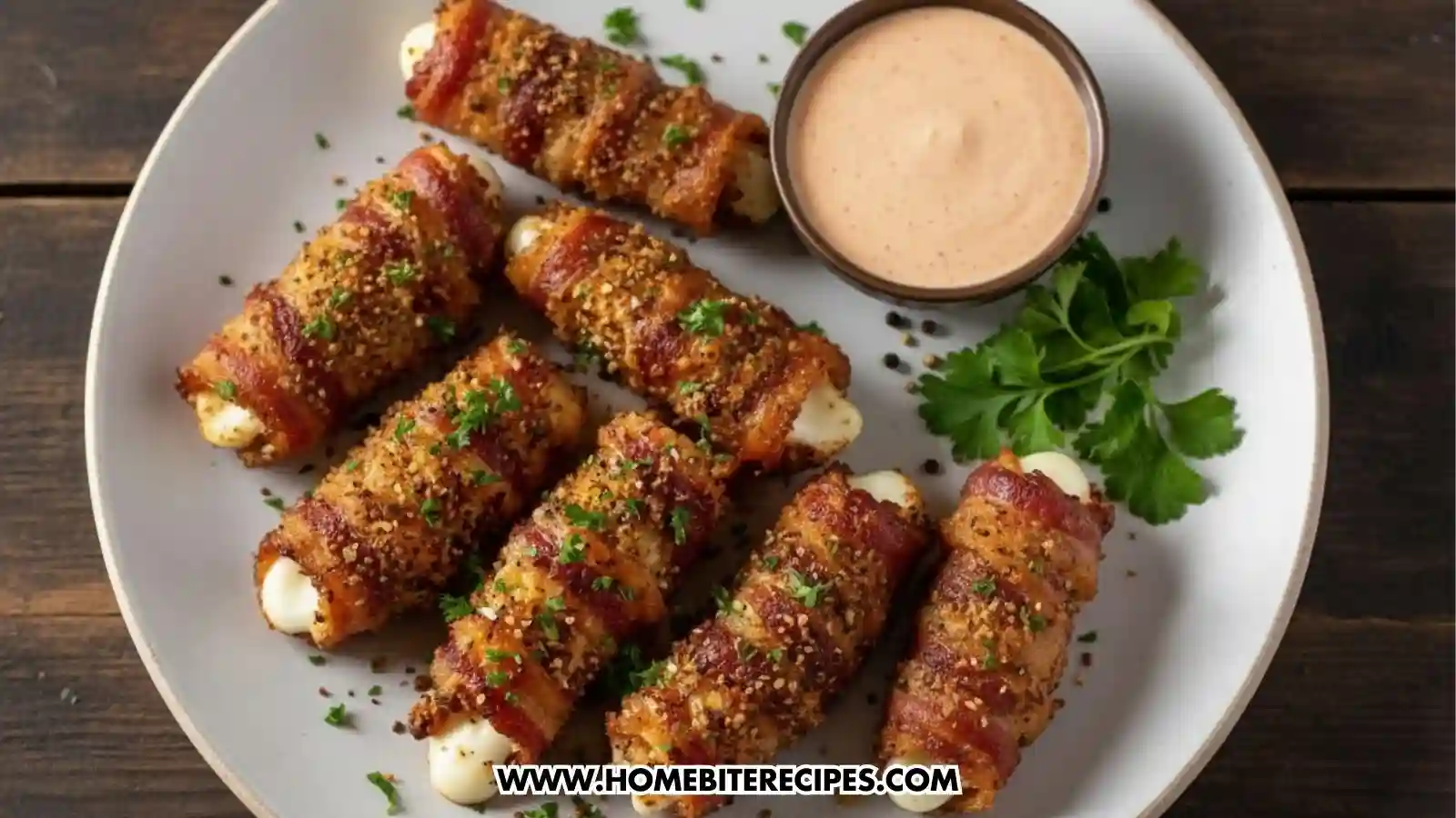 A top-down view of seven crispy, golden-brown **Bacon-Wrapped Mozzarella Bites** served on a white plate. Each bite features a piece of melted mozzarella cheese peeking out from a wrap of breaded, crispy bacon, garnished with freshly chopped parsley. A small bowl of creamy, orange-colored dipping sauce and a sprig of parsley are placed on the side of the plate, which sits on a rustic wooden table.