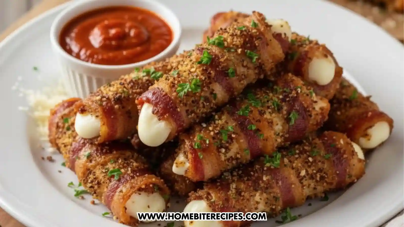 Seven crispy, golden-brown **Bacon Wrapped Mozzarella Bites** stacked on each others served on a white plate. Each bite features a piece of melted mozzarella cheese peeking out from a wrap of breaded, crispy bacon, garnished with freshly chopped parsley. A small bowl of creamy marinara sauce. The plate is on a rustic wooden table.
