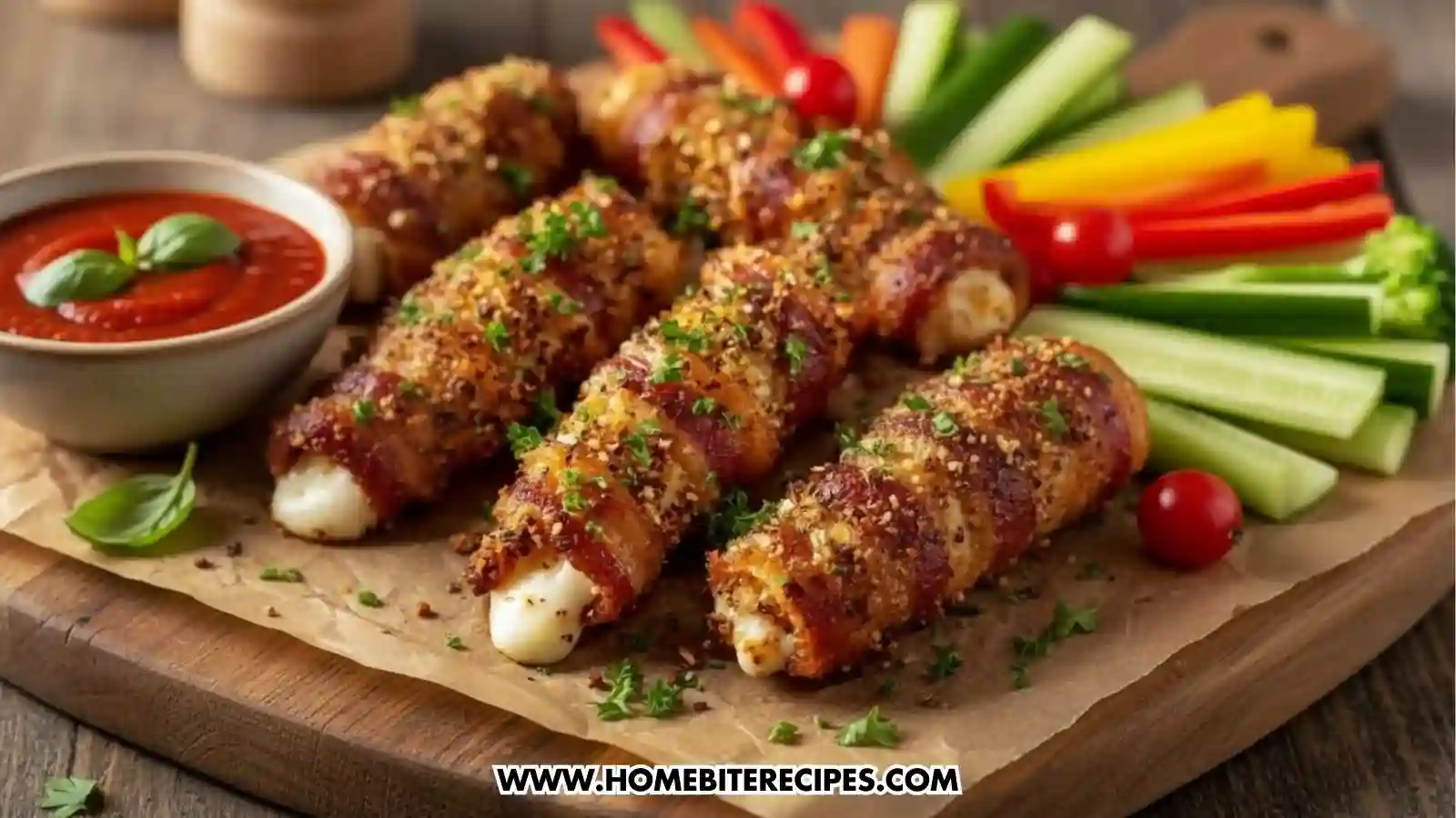Five Crispy bacon wrapped mozzarella bites garnished with herbs, baked until golden and cheesy, served as a savory appetizer with marinara sauce and fresh vegetables