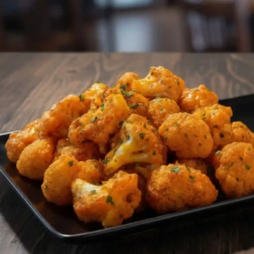 A large platter of golden-orange Crispy Buffalo Cauliflower Bites garnished with fresh parsley and served on a dark plate.
