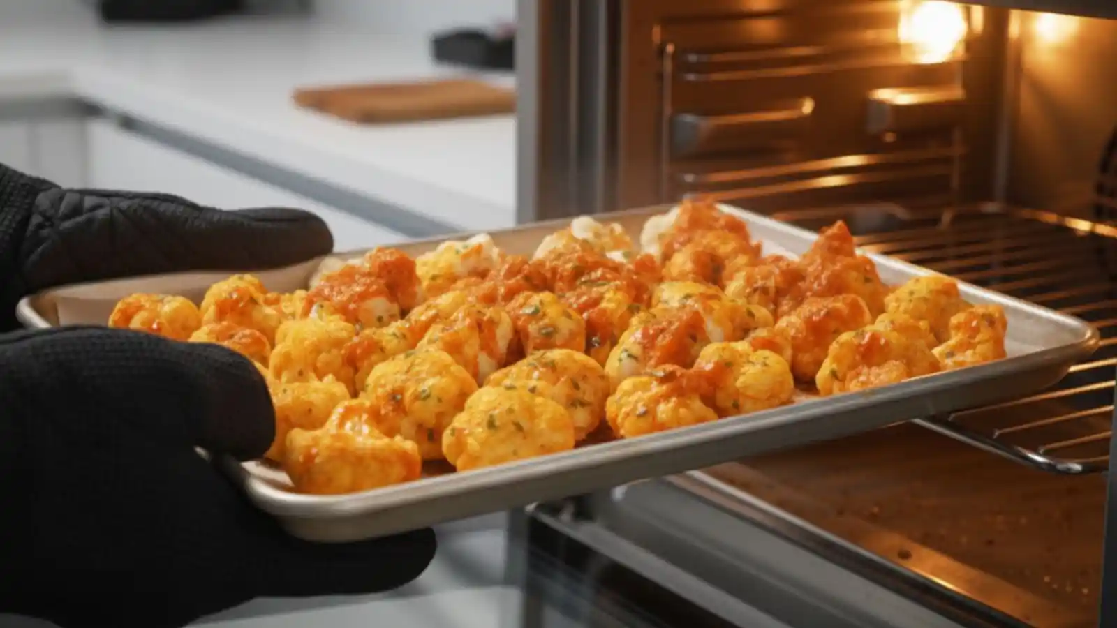 A baking sheet of Crispy Buffalo Cauliflower Bites being placed into a hot oven by hands wearing black oven mitts.