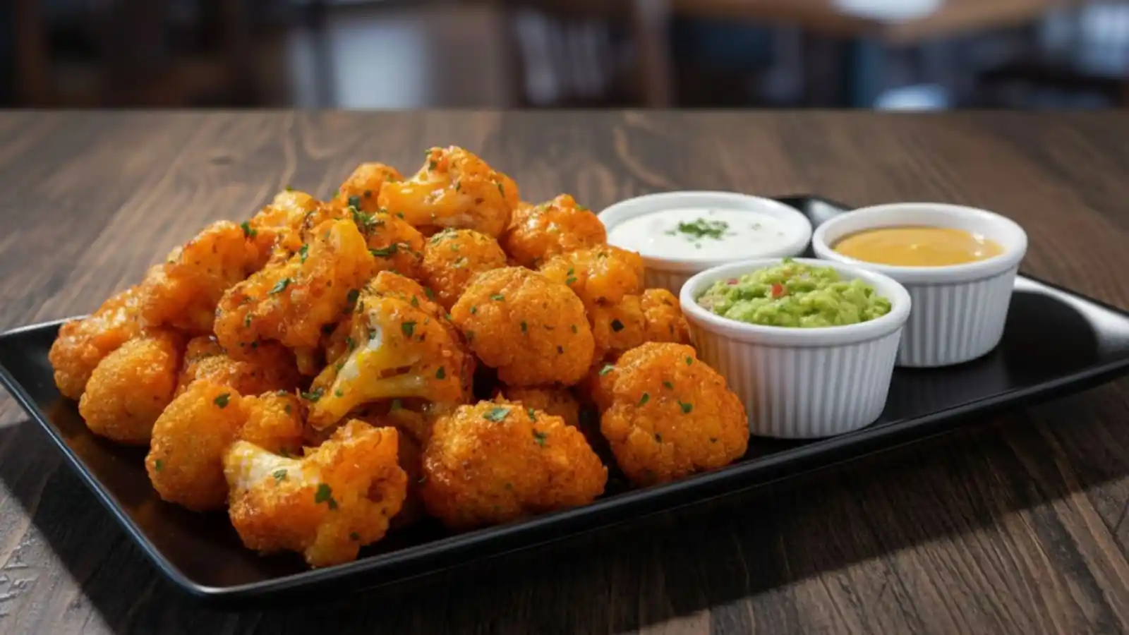 A platter of Crispy Buffalo Cauliflower Bites served with white ranch, creamy guacamole, and honey mustard dipping sauces.