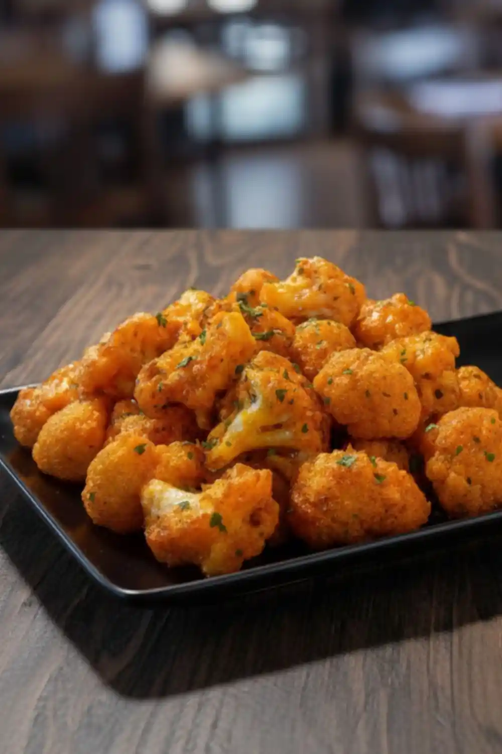 A large platter of golden-orange Crispy Buffalo Cauliflower Bites garnished with fresh parsley and served on a dark plate.