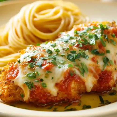 Crispy breaded Chicken Parmesan topped with marinara and melted cheese, served with a swirl of spaghetti on a cream plate.