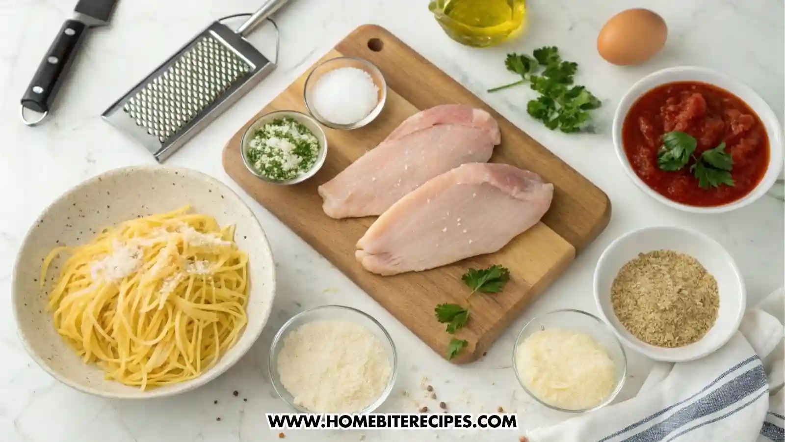 Two butterflied chicken breasts pounded thin with a meat mallet on a wooden board. Nearby, three bowls are set up for breading: one with flour, one with beaten eggs, and one with a breadcrumb–Parmesan mixture. Next to it a big bowl of spaghetti and small bowls of marinara sauce, grated Parmesan, shredded mozzarella, spices, and olive oil.