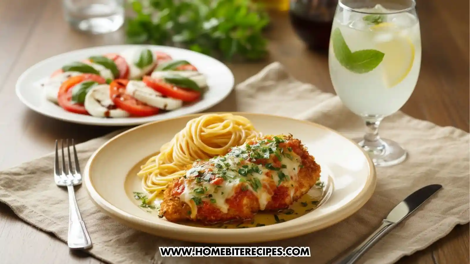 Crispy Chicken Parmesan with Spaghetti served with a tomato-and-mozzarella plate and fresh mint lemonade, on elegant dinner table