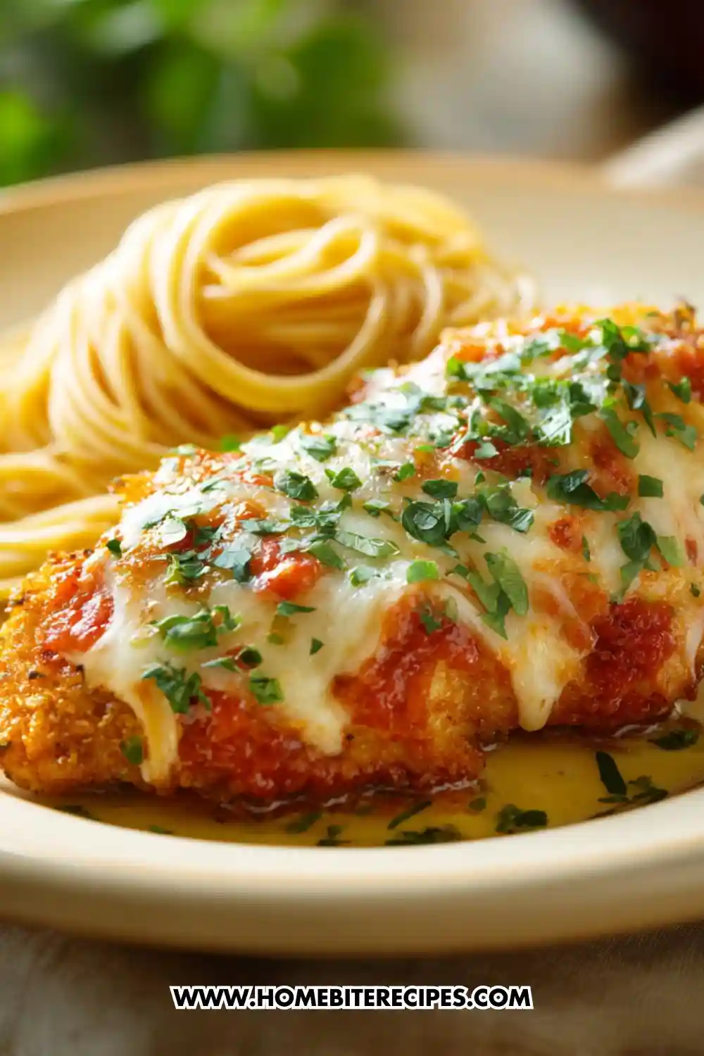 Crispy breaded Chicken Parmesan topped with marinara and melted cheese, served with a swirl of spaghetti on a cream plate.