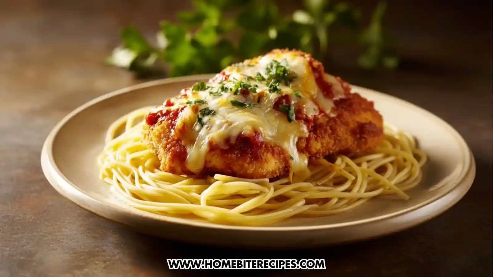 Crispy breaded Chicken Parmesan topped with marinara and melted cheese, served with a swirl of spaghetti on a cream plate.