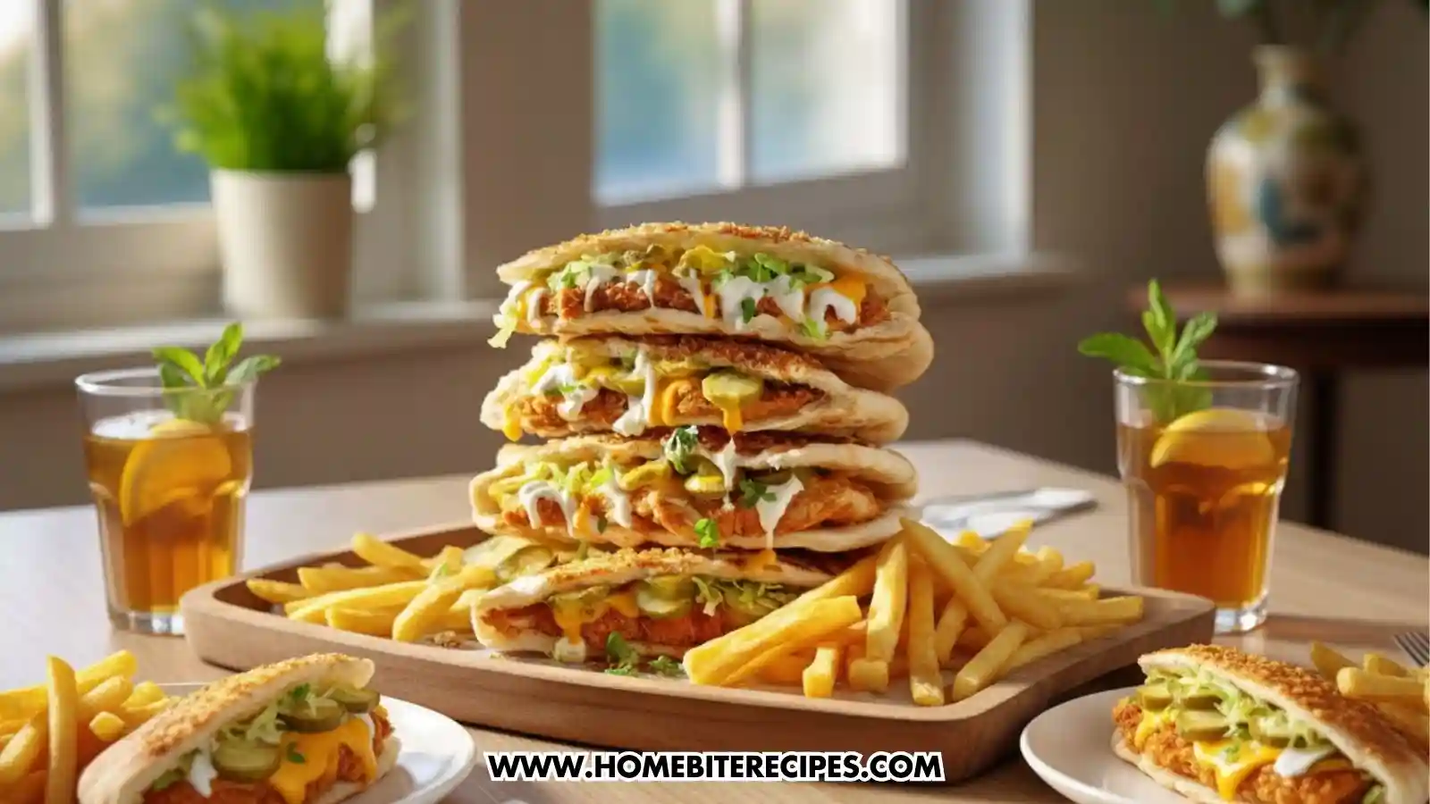 Stacked crispy fried chicken pita sandwiches filled with golden fried chicken, melted cheese sauce, pickles, lettuce, and creamy garlic sauce, served with French fries on a wooden board