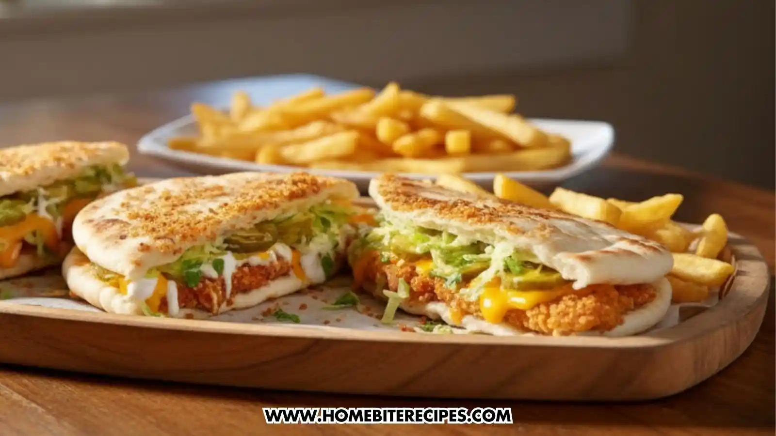 A close-up of two crispy fried chicken pita sandwiches sliced in half and served on a wooden tray. The sandwiches feature breaded golden-brown chicken, melted cheddar cheese, sliced pickles, shredded lettuce, and a creamy white sauce tucked inside a soft, lightly toasted pita. A side of golden french fries is visible on the tray and on a white plate in the blurred background. The image is set on a wooden table with warm, natural lighting.