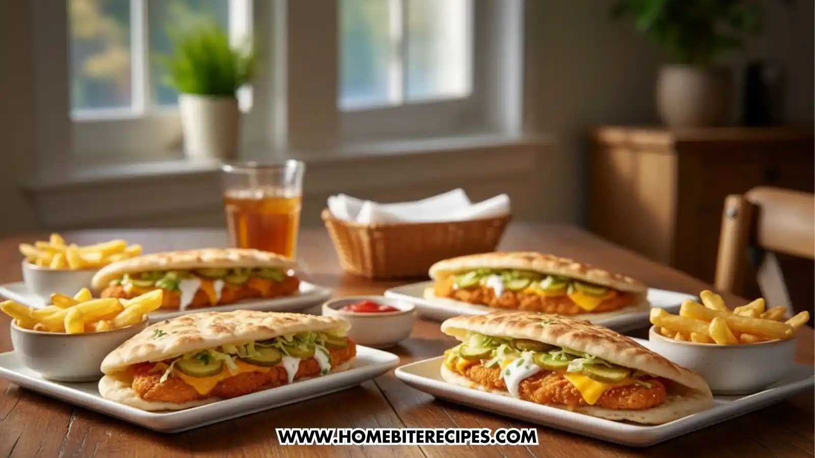 An image of four crispy fried chicken pita sandwiches served on rectangular white plates on a wooden dining table. Each sandwich consists of a golden-brown breaded chicken cutlet tucked into a soft, folded pita, topped with melted cheddar cheese, sliced pickles, shredded lettuce, and a drizzle of white creamy sauce. Three small bowls of golden French fries are scattered among the plates, along with a small ramekin of ketchup and a tall glass of iced tea in the background. The scene is set in a bright, sunlit room with a blurred window and houseplant in the distance.
