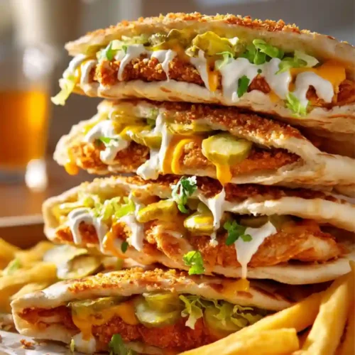 Stacked crispy fried chicken pita sandwiches filled with golden fried chicken, melted cheese sauce, pickles, lettuce, and creamy garlic sauce, served with French fries on a wooden board