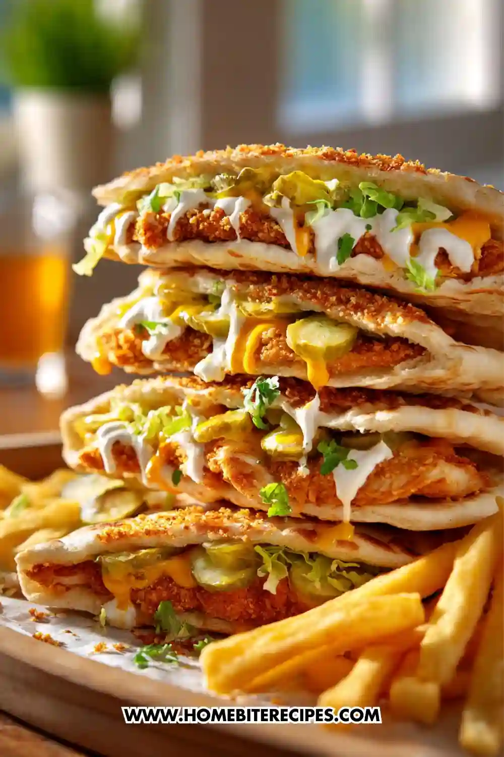 Stacked crispy fried chicken pita sandwiches filled with golden fried chicken, melted cheese sauce, pickles, lettuce, and creamy garlic sauce, served with French fries on a wooden board
