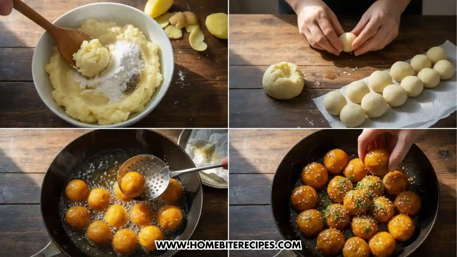 close up of a pciture showing the 4 important steps to make Crispy Garlic Butter Potato Balls