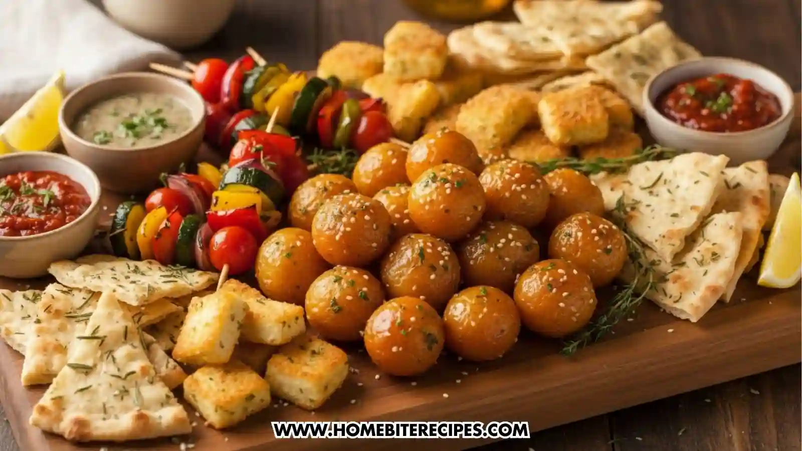 close up of an appetizer board combining these Crispy Garlic Butter Potato Balls with other bite-sized items like vegetable skewers, baked cheese bites, or crispy flatbread pieces to form a complete snack board