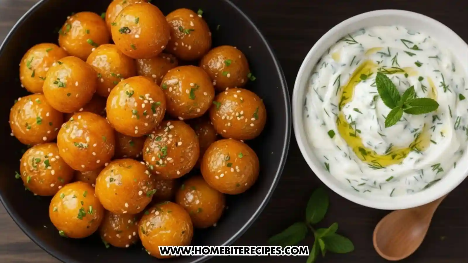 close up of Crispy Garlic Butter Potato Balls served with a rich yogurt herb dip 