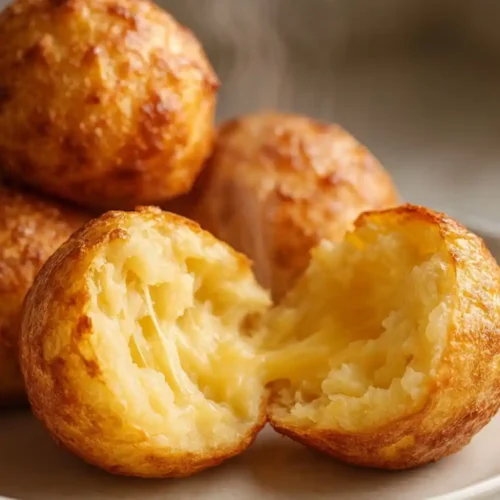 A stack of golden-brown Crispy Mashed Potato Cheese Puffs, with one puff pulled apart to reveal the steamy, fluffy cheese interior.