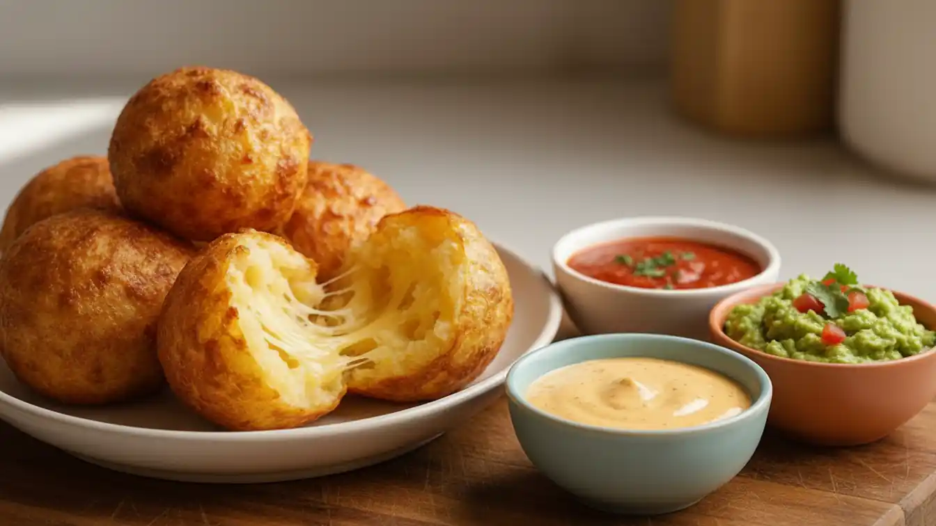 A platter of golden Crispy Mashed Potato Cheese Puffs served with bowls of dipping sauces, including marinara, guacamole, and a cheese sauce.