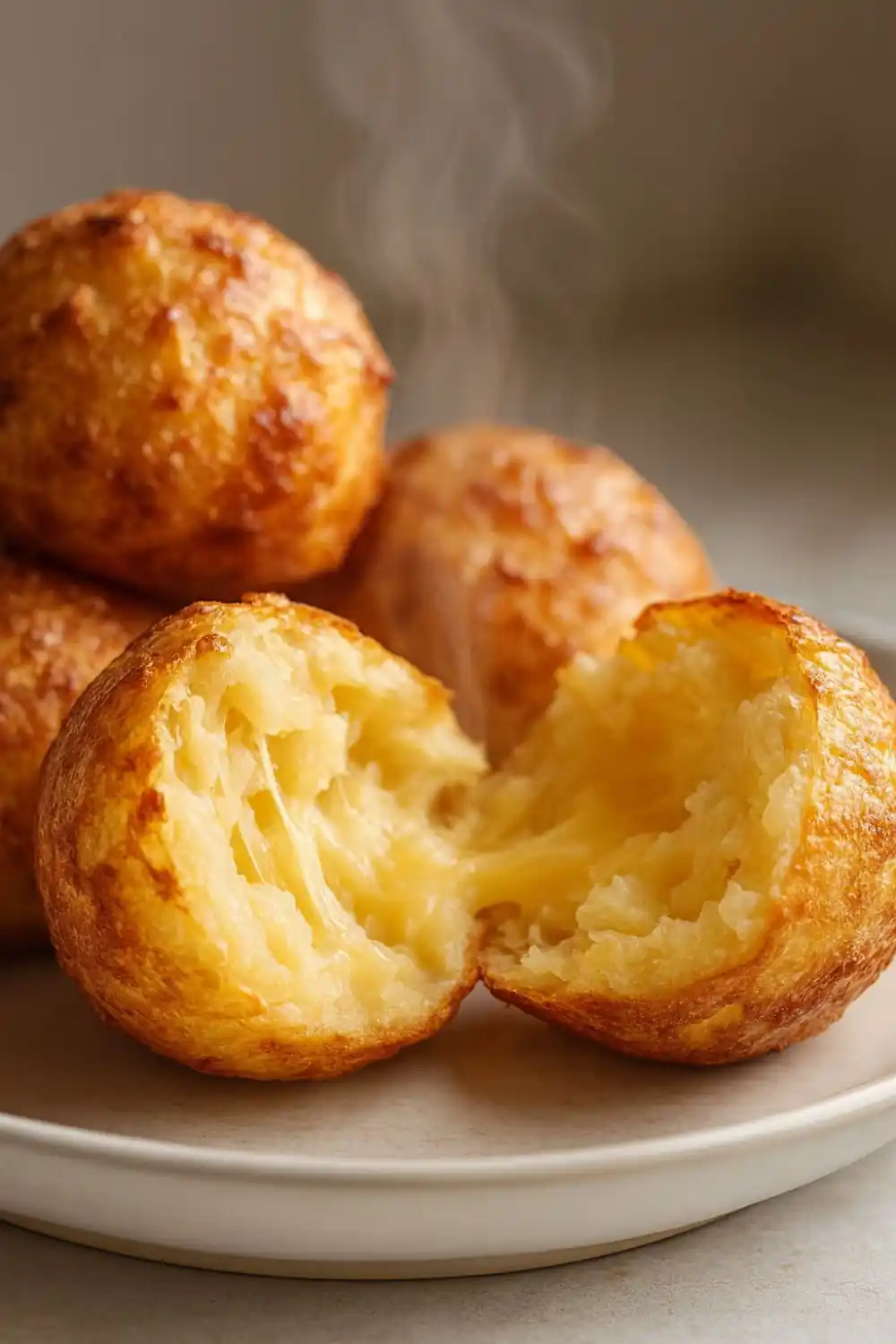 A stack of golden-brown Crispy Mashed Potato Cheese Puffs, with one puff pulled apart to reveal the steamy, fluffy cheese interior.