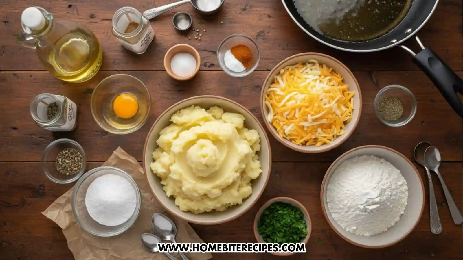 Close up of Crispy Mashed Potato Sticks ingredients in distincts bowls: mashed potatoes, shredded cheese, 1 egg, all-purpose flour, cornstarch, garlic powder, onion powder, Salt & pepper, chopped parsley and Oil
