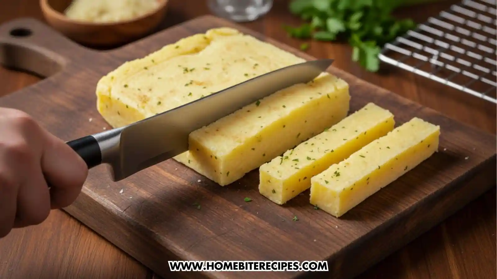 Close up of hand slicing, with a kniffe, the freezed mashed potato into even finger-sized strips to fry them later