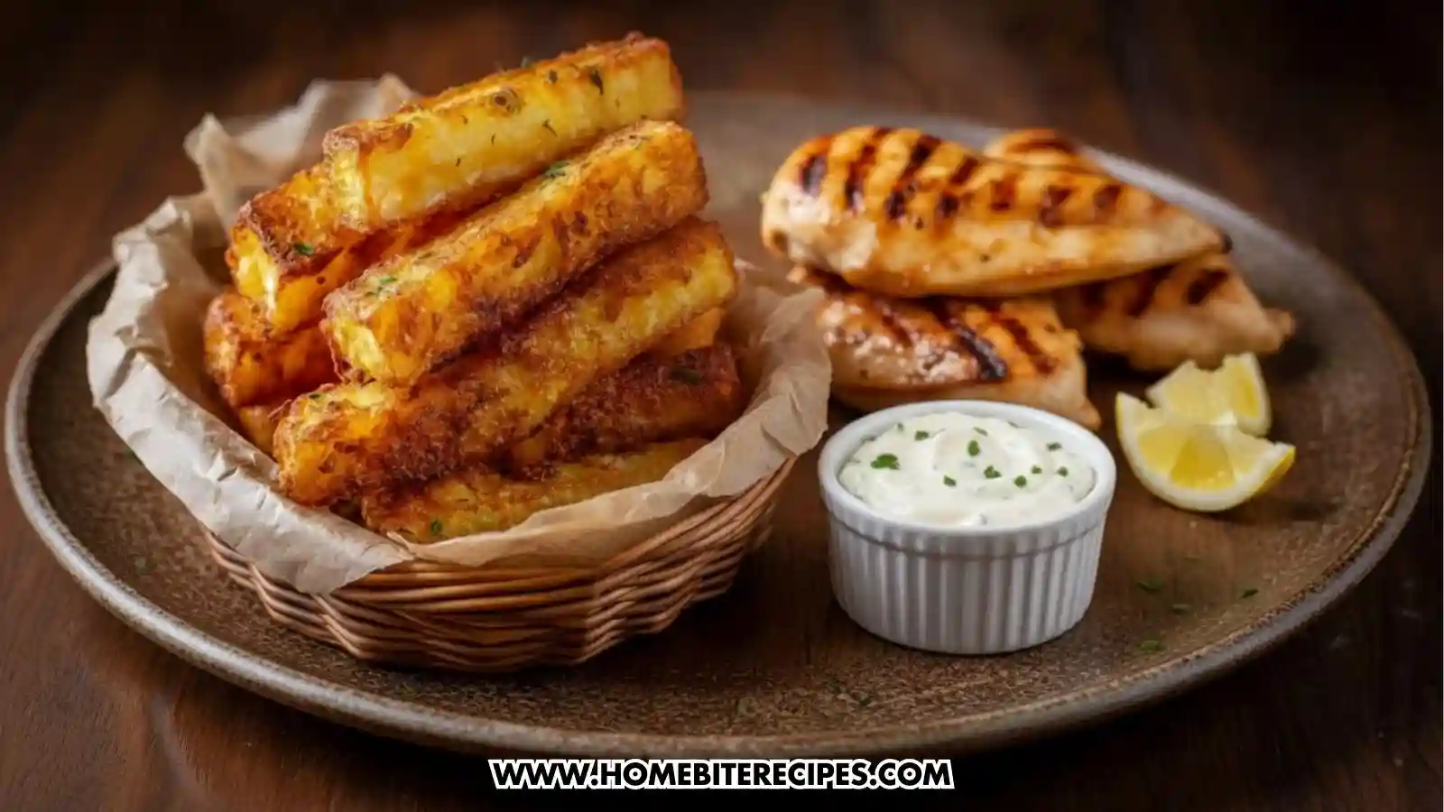 Crispy Mashed Potato Sticks served with grilled chicken and classic garlic mayo