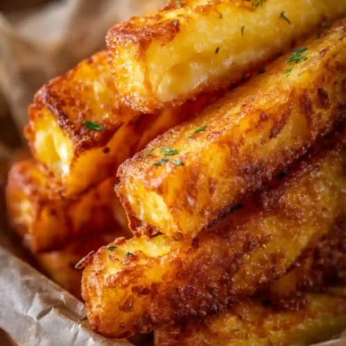 Close-up of golden, crispy mashed potato sticks stacked in a basket, showing their crunchy exterior and soft, creamy center