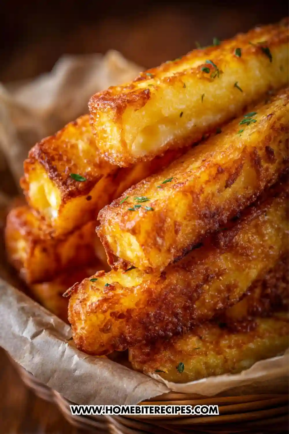 Close-up of golden, crispy mashed potato sticks stacked in a basket, showing their crunchy exterior and soft, creamy center