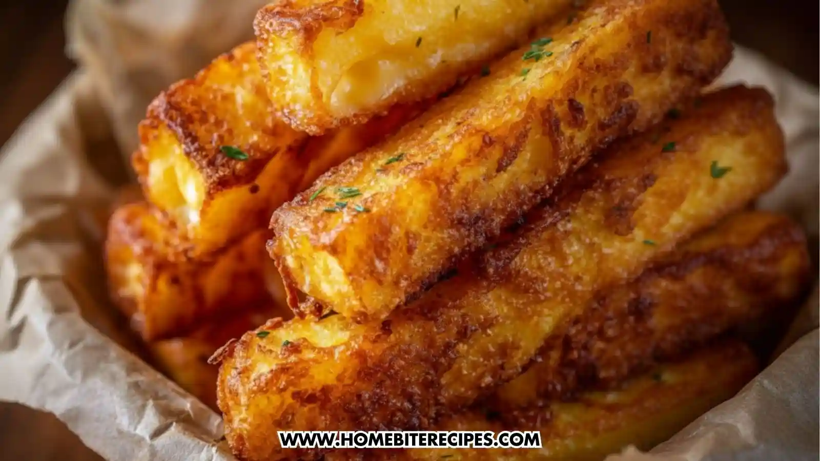 Close-up of golden, crispy mashed potato sticks stacked in a basket, showing their crunchy exterior and soft, creamy center