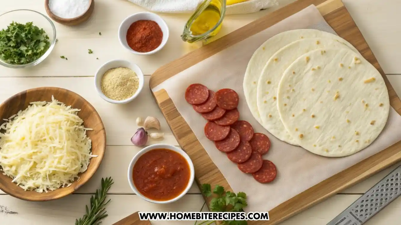Three large flour or corn tortillas, a small bowl of shredded mozzarella cheese, a small bowl of pizza sauce or marinara, 12–15 slices of beef pepperoni, a small dish with dried oregano, a small dish with dried basil, a pinch of garlic powder in a tiny bowl, a small glass of olive oil, and chopped fresh parsley in a ramekin