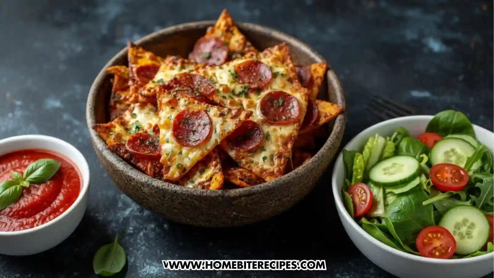 Pepperoni Pizza Tortilla Chips served with classic marinara and a bowl of green salad with crisp lettuce, cucumber, and cherry tomatoes.