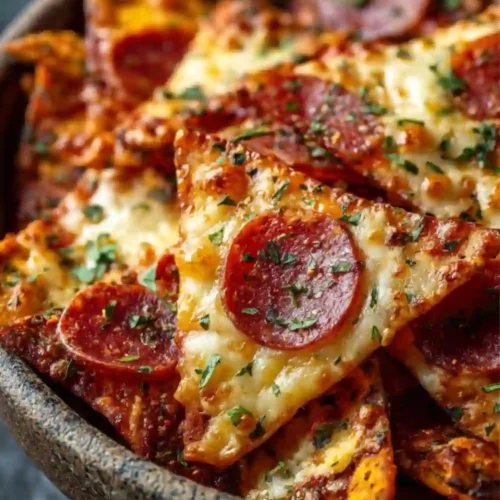 Close-up of crispy baked tortilla chips topped with melted cheese, beef pepperoni slices, herbs, and seasonings, served in a rustic bowl.