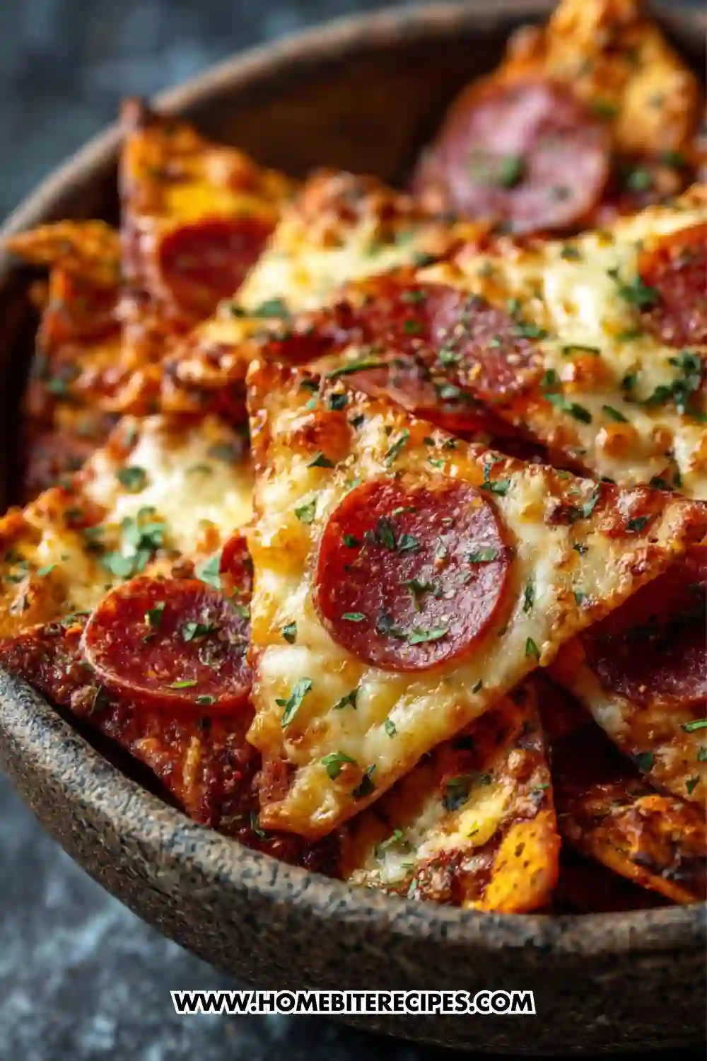 Close-up of crispy baked tortilla chips topped with melted cheese, beef pepperoni slices, herbs, and seasonings, served in a rustic bowl.