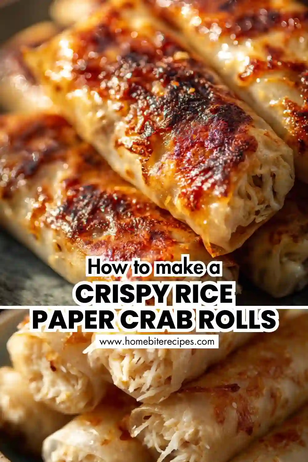 Crispy golden rice paper rolls filled with creamy crab mixture, pan-fried to a caramelized finish and stacked closely together.
