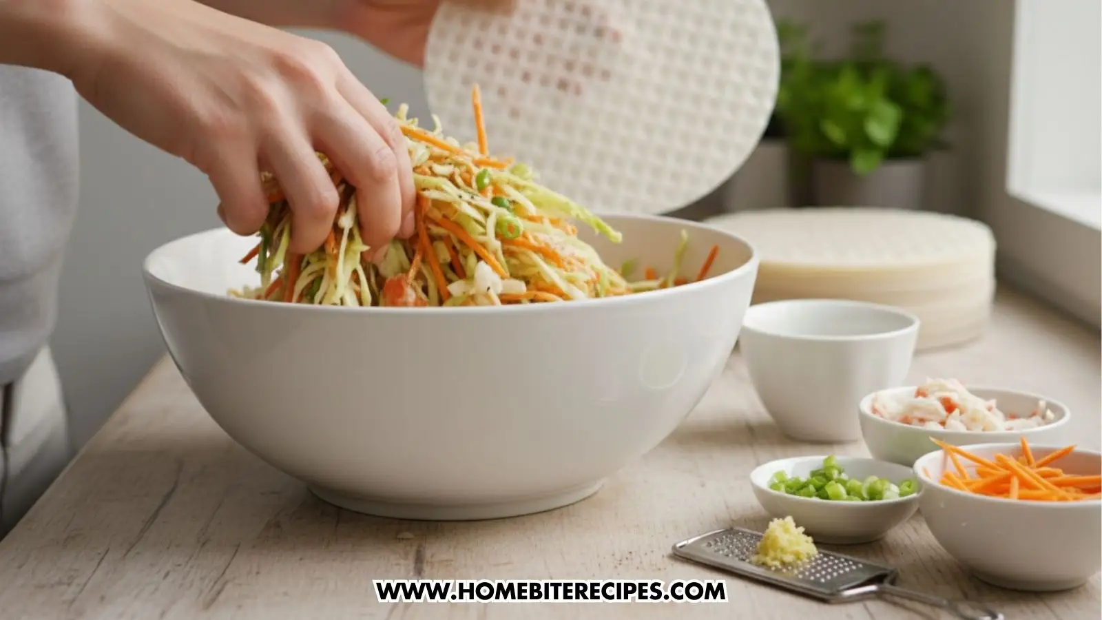 Hands mixing shredded cabbage, carrots, crab, and vegetables in a large white bowl on a wooden table, with small bowls of chopped ingredients, grated garlic, and rice paper sheets nearby, preparing the filling.