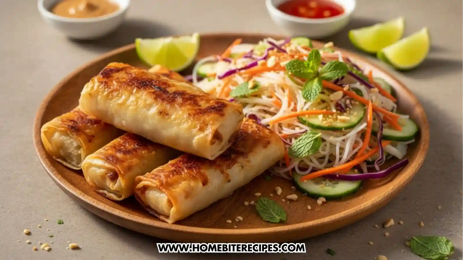 Crispy golden rice paper rolls filled with creamy crab mixture, pan-fried to a caramelized finish and stacked closely together, served with noodle salad