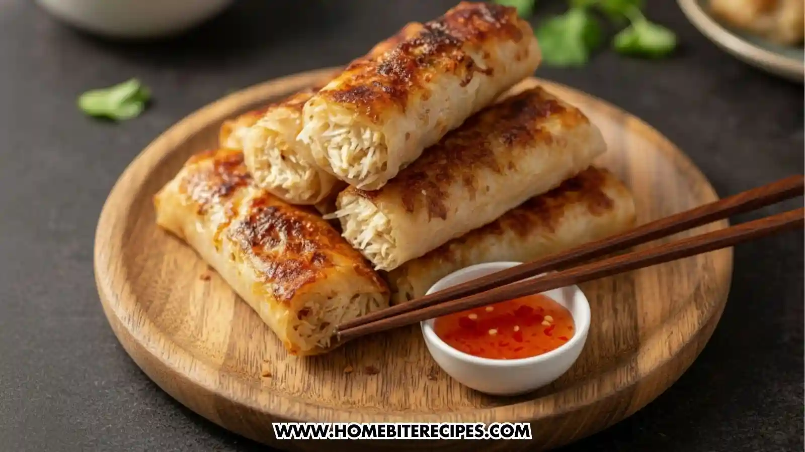 Crispy Rice Paper Crab Rolls filled with creamy crab mixture, pan-fried to a caramelized finish and stacked closely together.