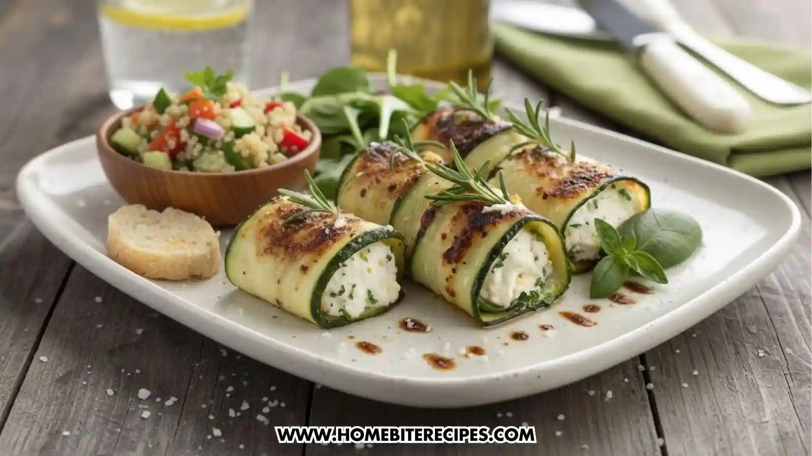 Four golden-brown, grilled zucchini rolls stuffed with herb-flecked ricotta cheese, garnished with fresh rosemary sprigs and served on a square white plate. The plate includes a side of couscous salad with diced tomatoes and cucumbers, a small piece of bread, and a drizzle of balsamic glaze.