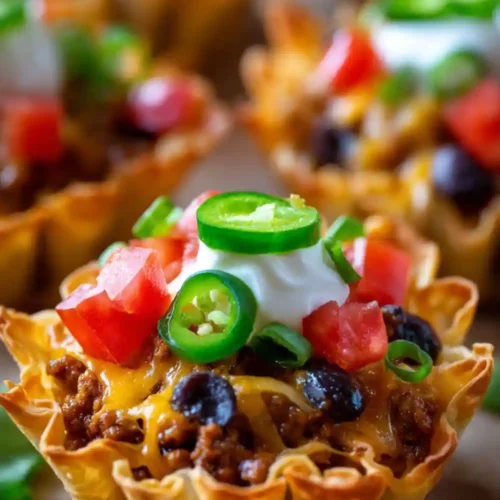 Close-up image of crispy air fryer taco phyllo cups filled with seasoned beef, melted cheese, black beans, and topped with sour cream, diced tomatoes, jalapeños, and green onions.