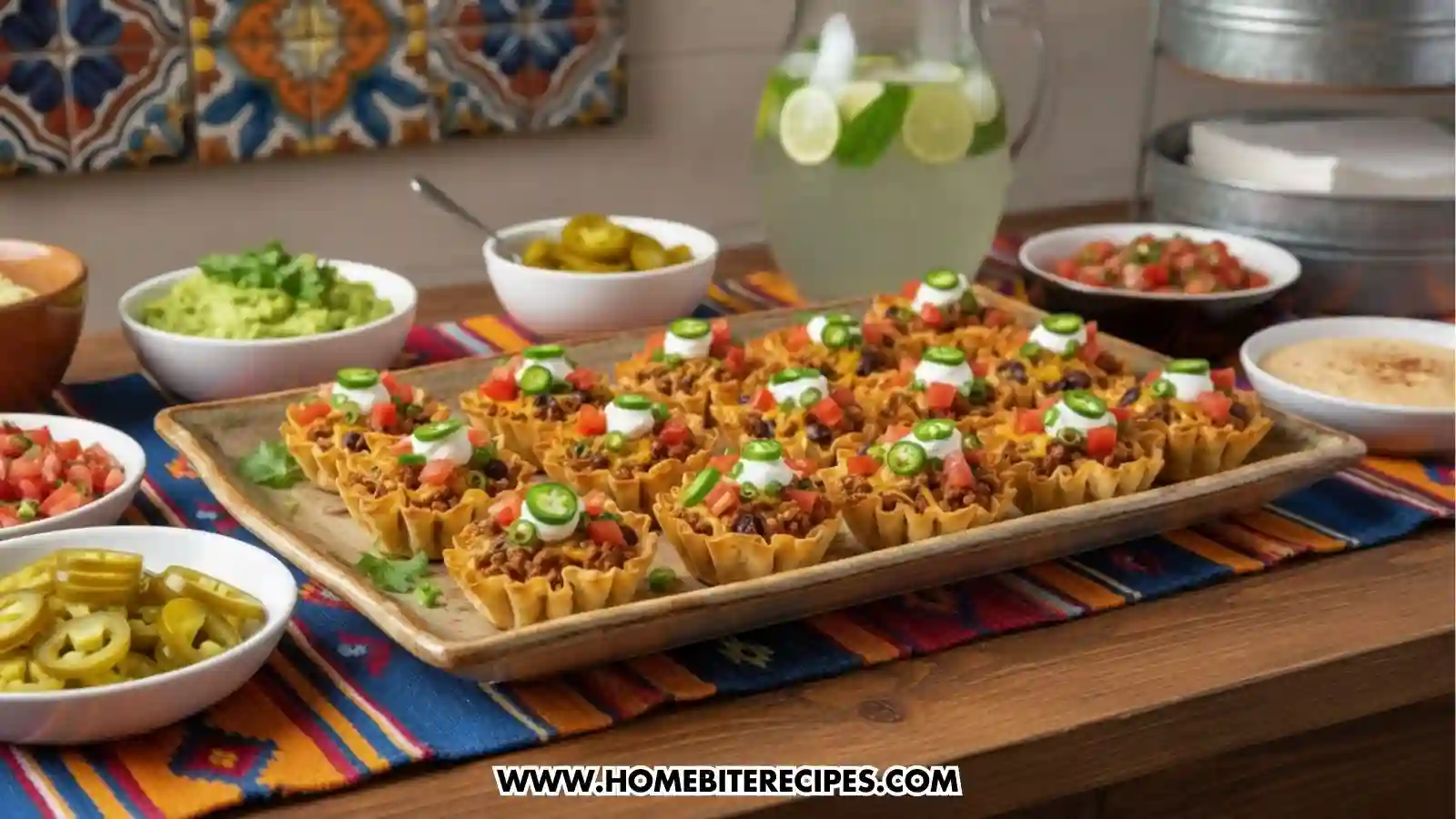 A large tray of crispy taco phyllo cups filled with seasoned meat, melted cheese, black beans, and topped with sour cream, diced tomatoes, jalapeño slices, and green onions, displayed on a colorful Mexican-style tablecloth with bowls of guacamole, pico de gallo, pickled jalapeños, queso dip, and a pitcher of lime-infused water in the background.