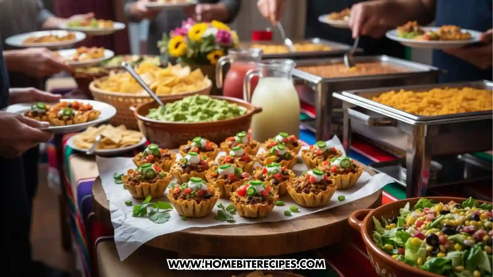 A festive buffet table featuring trays of crispy taco phyllo cups topped with sour cream, jalapeños, tomatoes, and green onions, surrounded by bowls of guacamole, tortilla chips, salad, and Mexican rice, while guests serve themselves in the background.