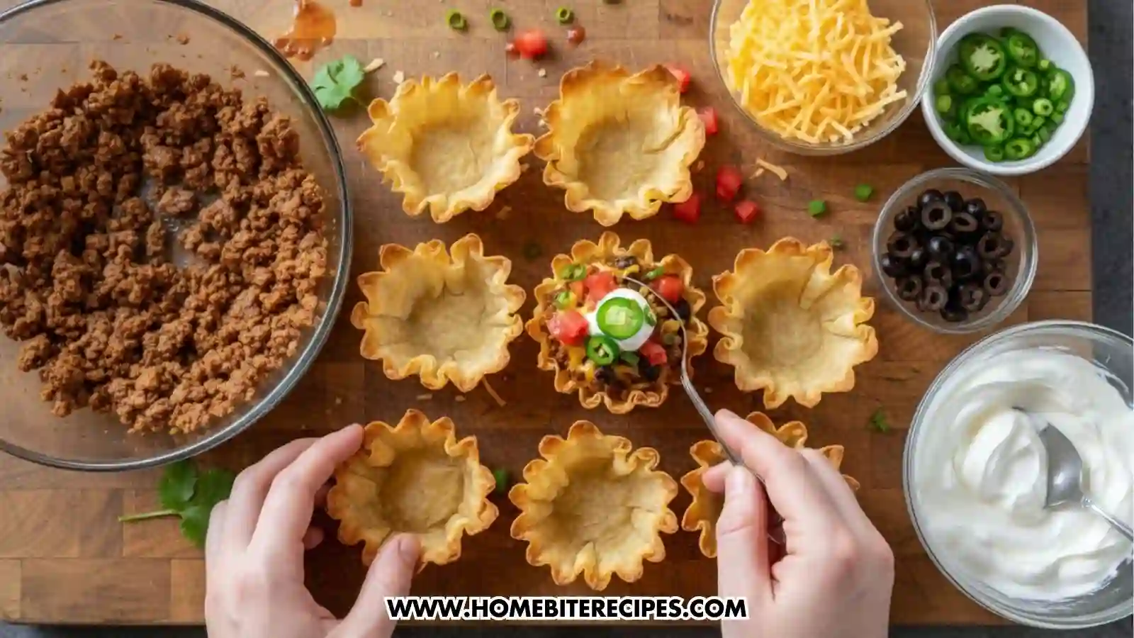 A close up picture showing hands filling pre-made Taco phyllo cups with ground beef, Sour cream, Diced tomatoes and jalapeños
