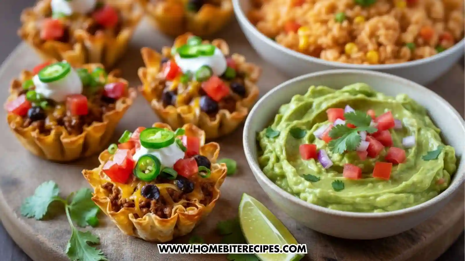 Three Taco Phyllo Cups served with a bwol of Guacamole and a bowl of Mexican rice and a slice of lemon
