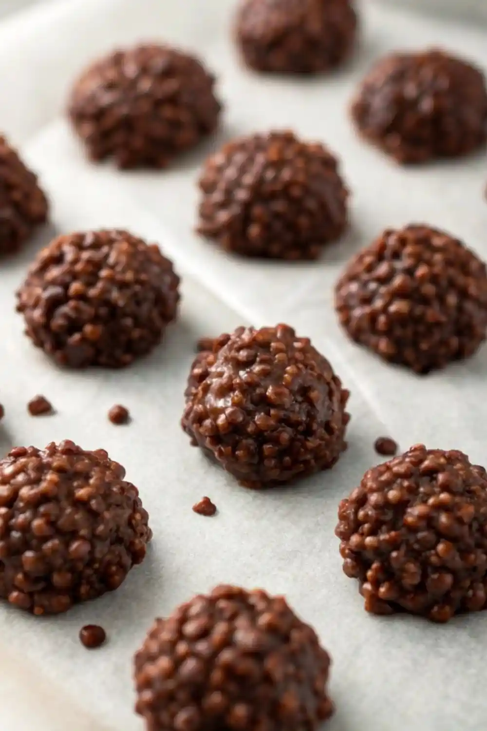 dark chocolate quinoa crisps showing crunchy puffed quinoa coated in rich dark chocolate.