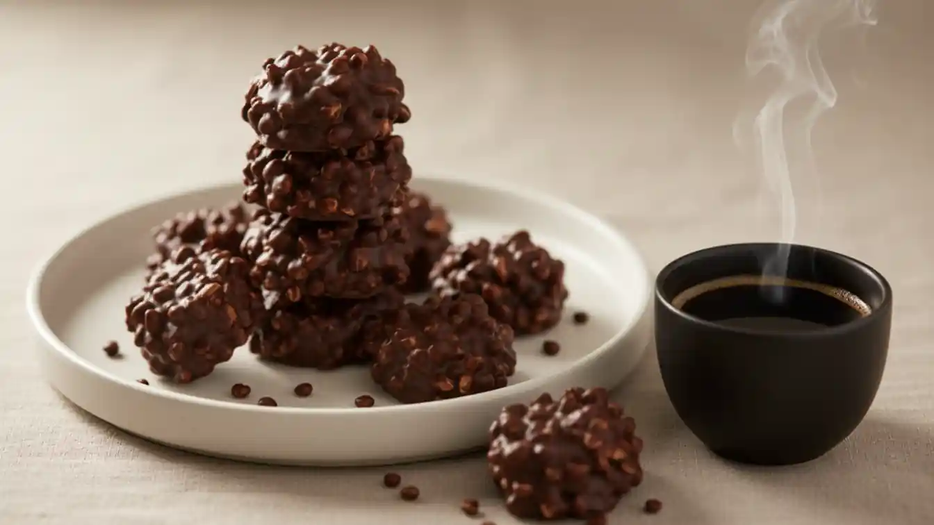 dark chocolate quinoa crisps with cup of coffee