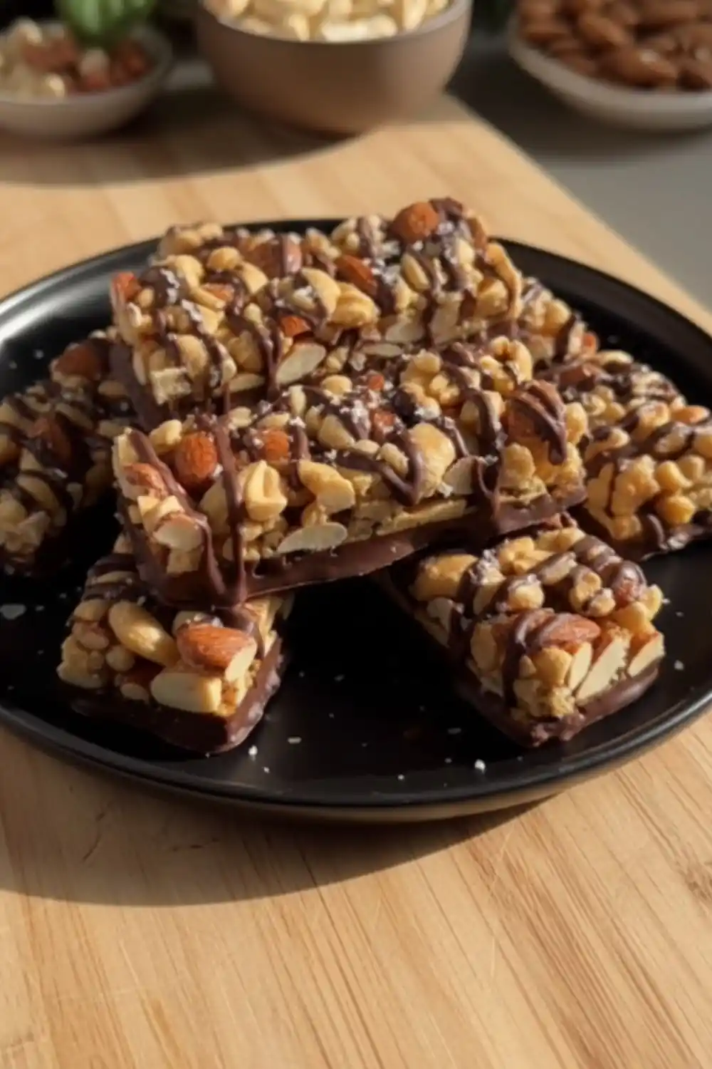 A stack of homemade Dark Chocolate Sea Salt Nut Bars drizzled with chocolate on a black plate, showcasing peanuts and almonds.