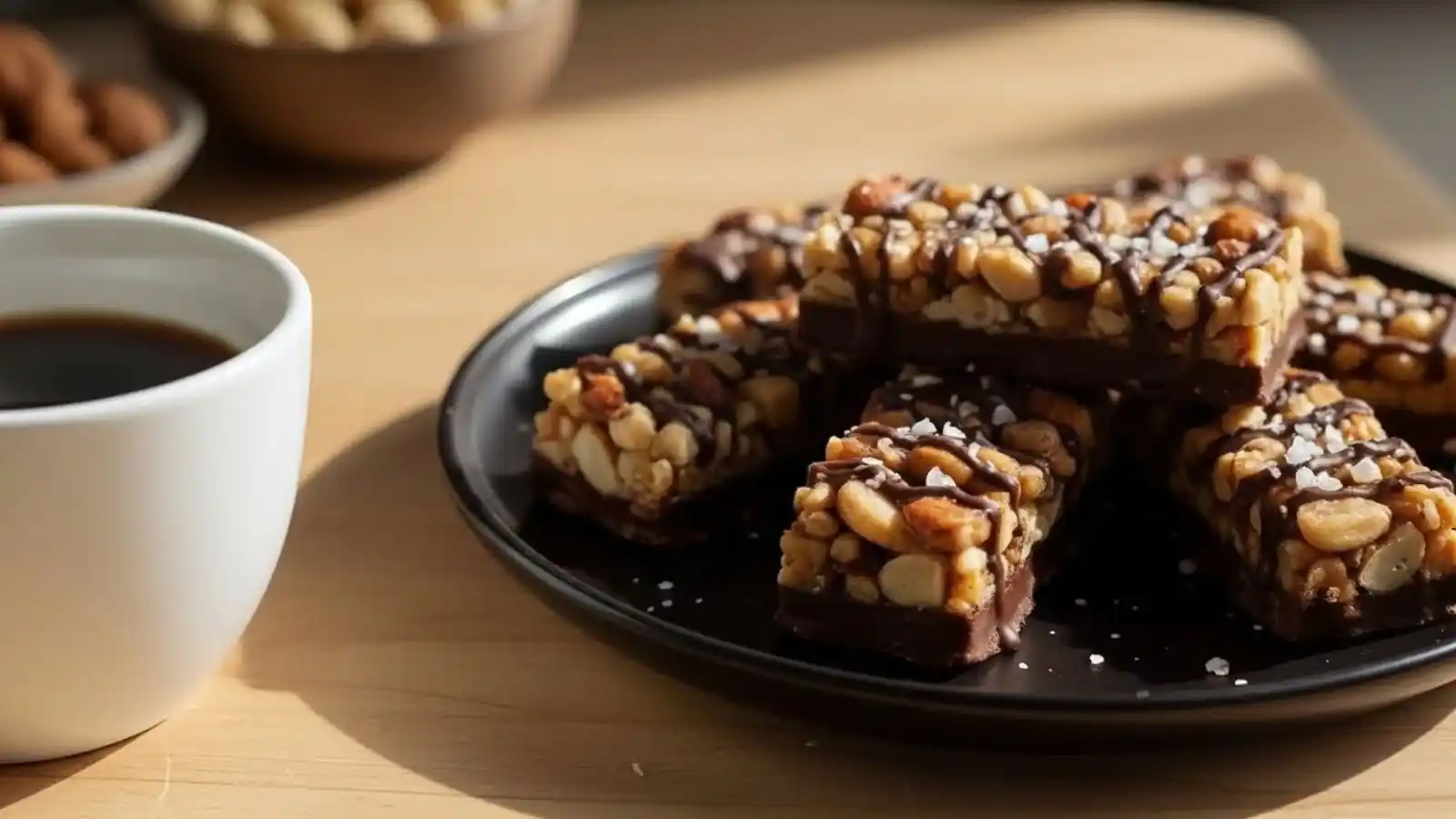 A stack of homemade Dark Chocolate Sea Salt Nut Bars drizzled with chocolate on a black plate, showcasing peanuts and almonds with a cup of coffee.