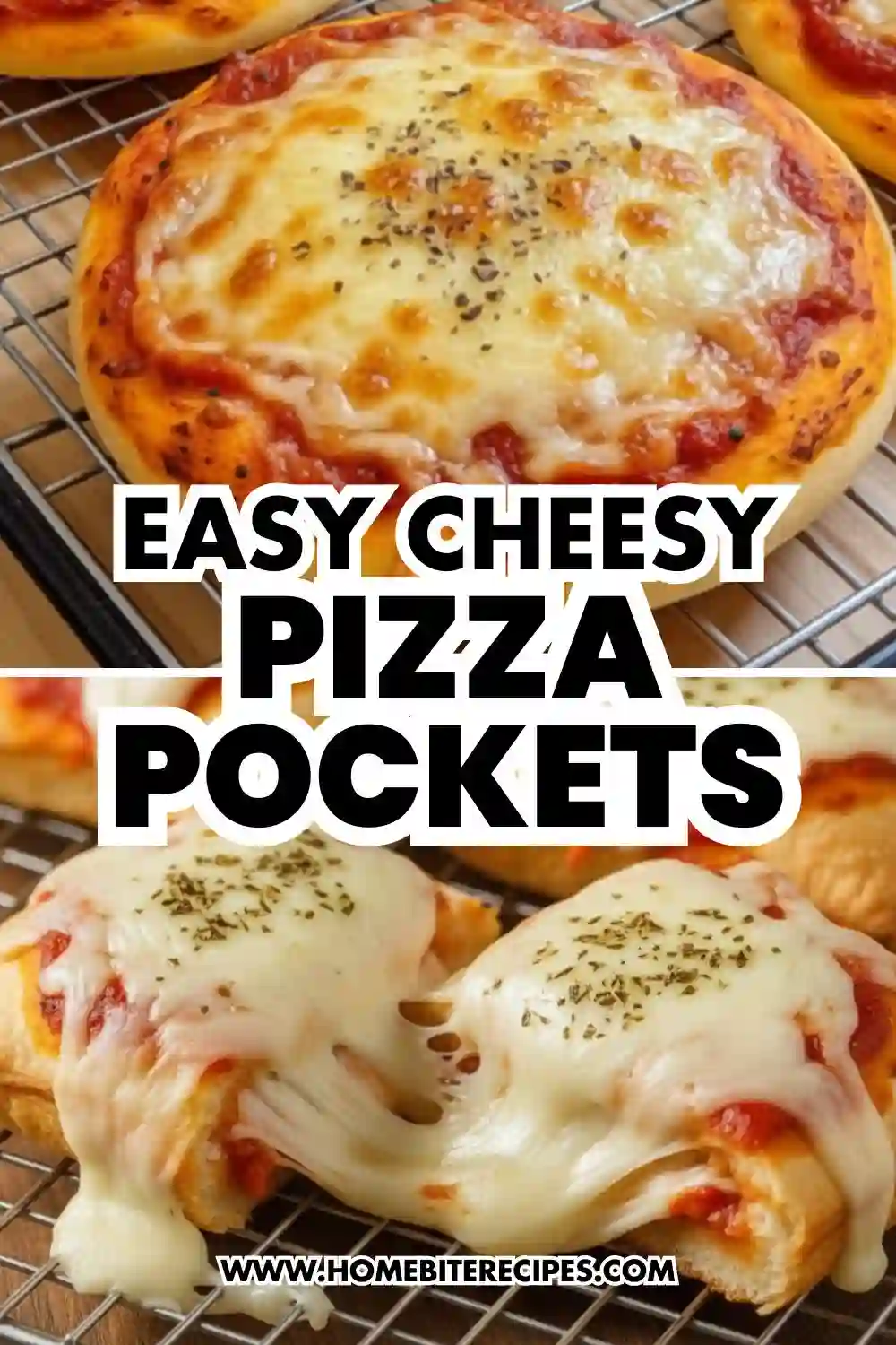 Homemade cheesy pizza pockets baked until golden, filled with melted mozzarella and tomato sauce, resting on a cooling rack with cheese stretching apart.