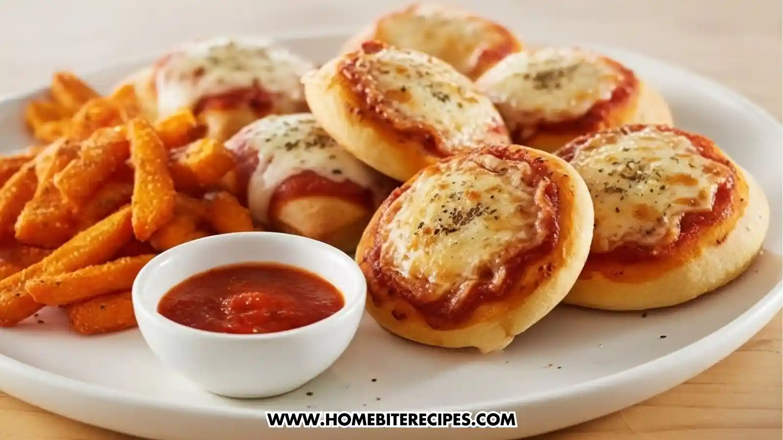 A white plate holds a serving of golden-brown mini Easy Cheesy Pizza Pockets with melted, bubbly cheese and a sprinkle of dried herbs on top. On the left side of the plate is a heap of seasoned orange sweet potato fries. In the foreground, a small white ramekin is filled with red marinara dipping sauce, all set against a soft-lit wooden background.