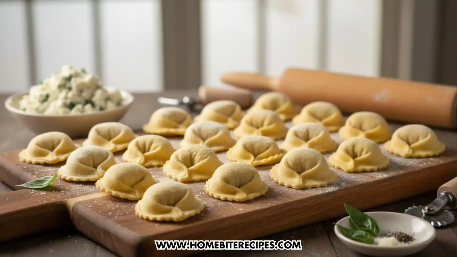Rows of fresh, uncooked tortellini pasta arranged on a floured wooden cutting board. In the background, there is a rolling pin and a bowl of creamy cheese filling. The setting suggests a rustic, homemade pasta-making process.